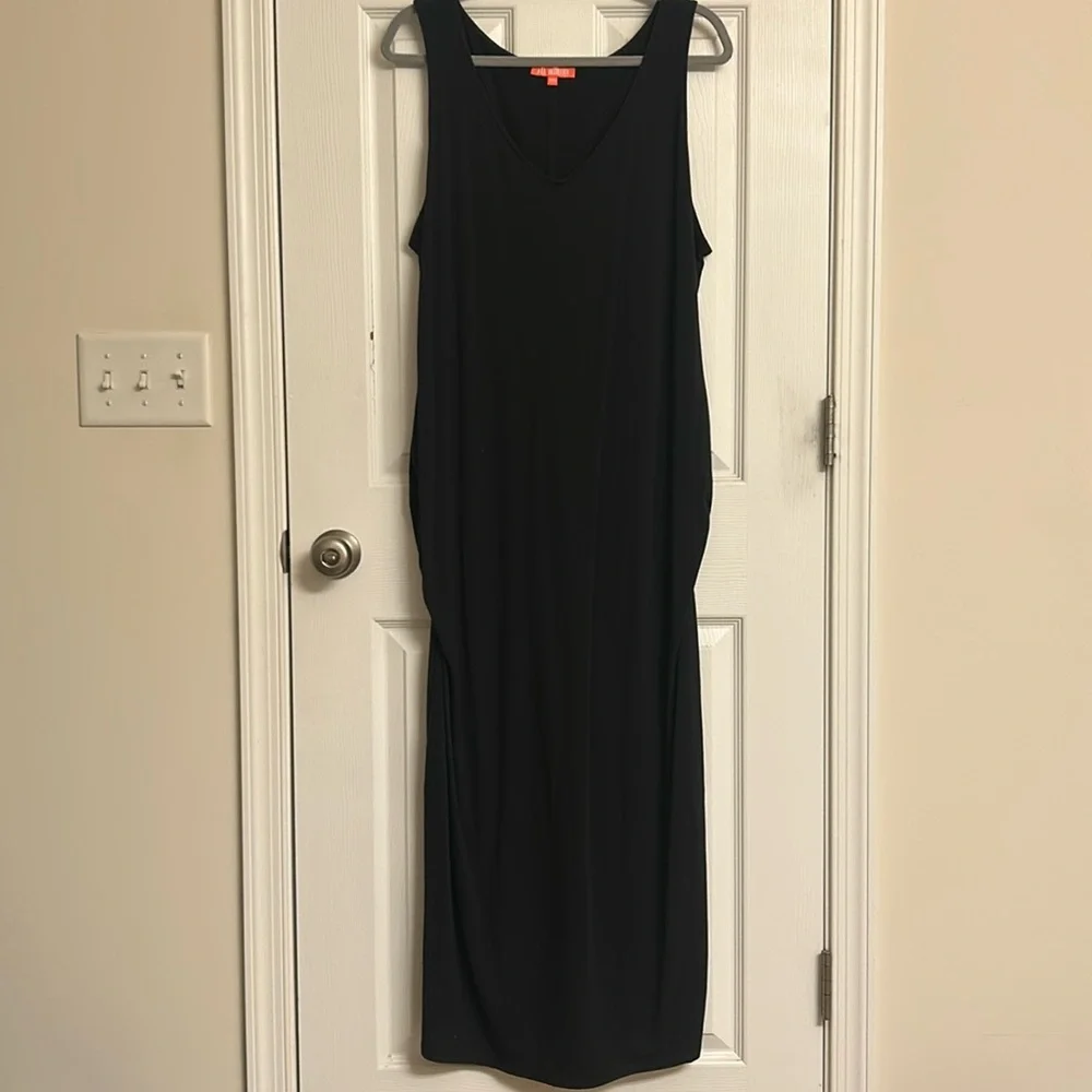 All Worthy Black Cotton-blend Sleeveless Maxi Dress Side Ruching V-neck Size 2X